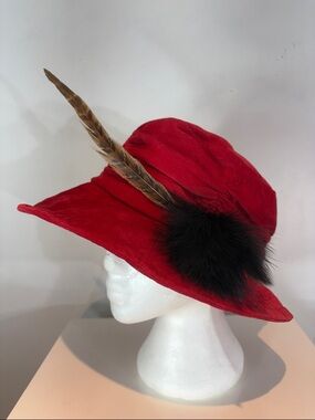 Vintage Holt Renfrew Red Suede Hat Feather Trim Wide Brim Statement